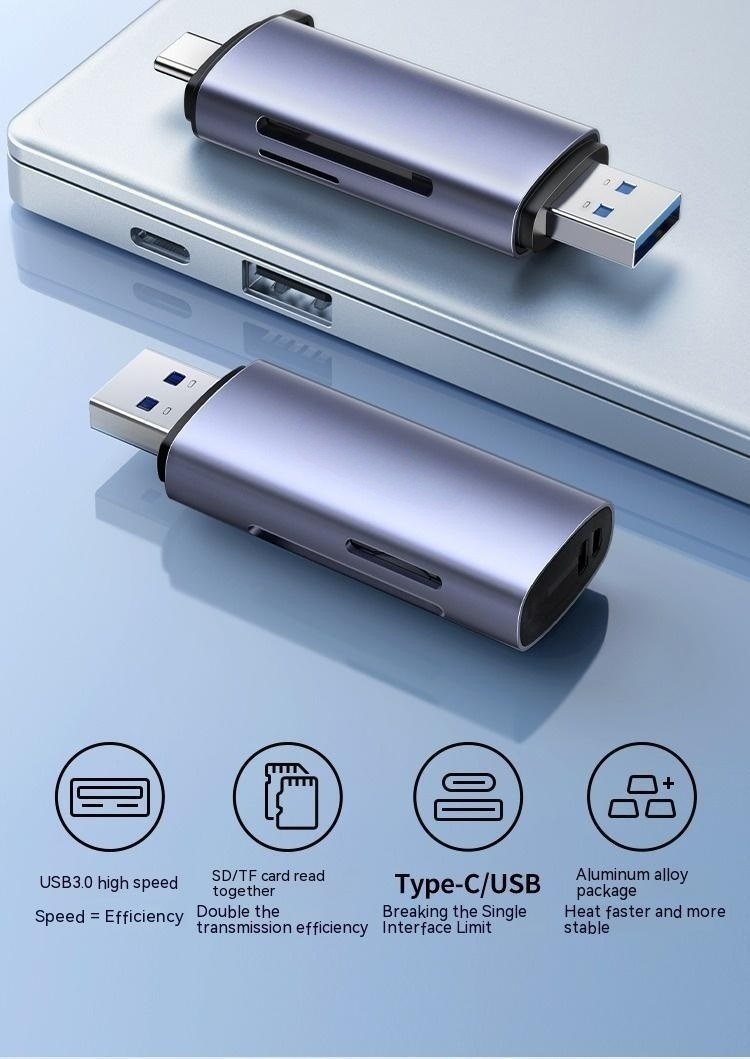 Lecteur de cartes SD et microSD en aluminium, connecteurs USB-A et USB-C